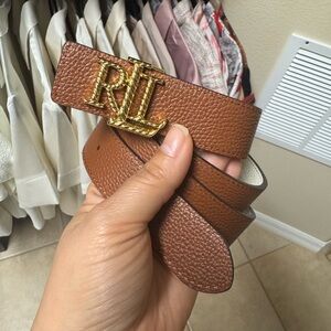 Ralph Lauren Brown Pebbled Leather Belt with Gold RL Buckle